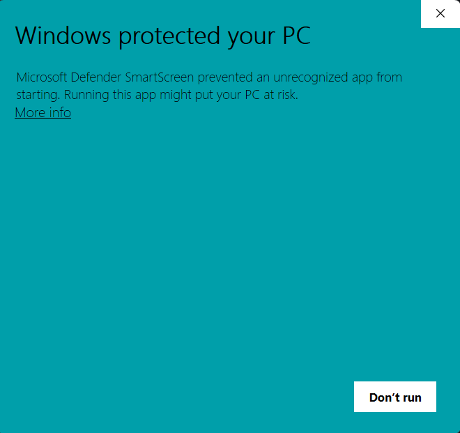Windows SmartScreen showing 'Windows protected your PC' with no Run button visible yet